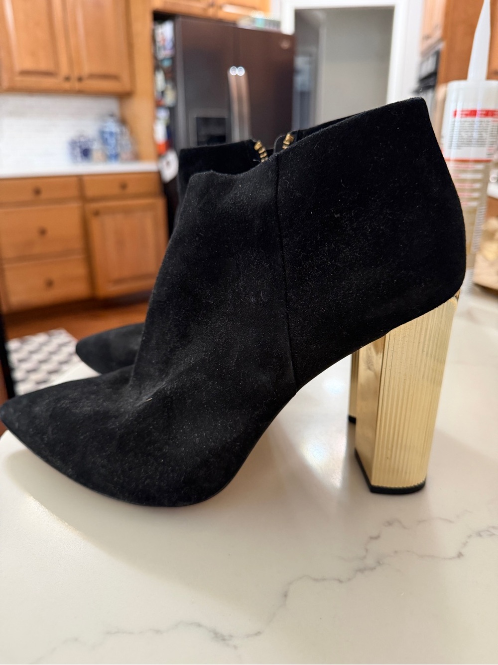 Michael Kors Black Suede Ankle Boot with Gold Block Heel - Women
